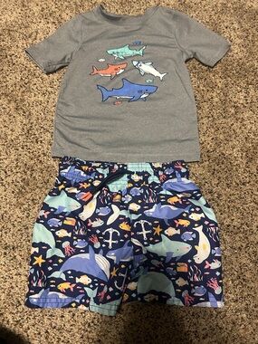 Cat & Jack Boys' Gray Shark Rash Guard with Navy Ocean Print Swim Trunks